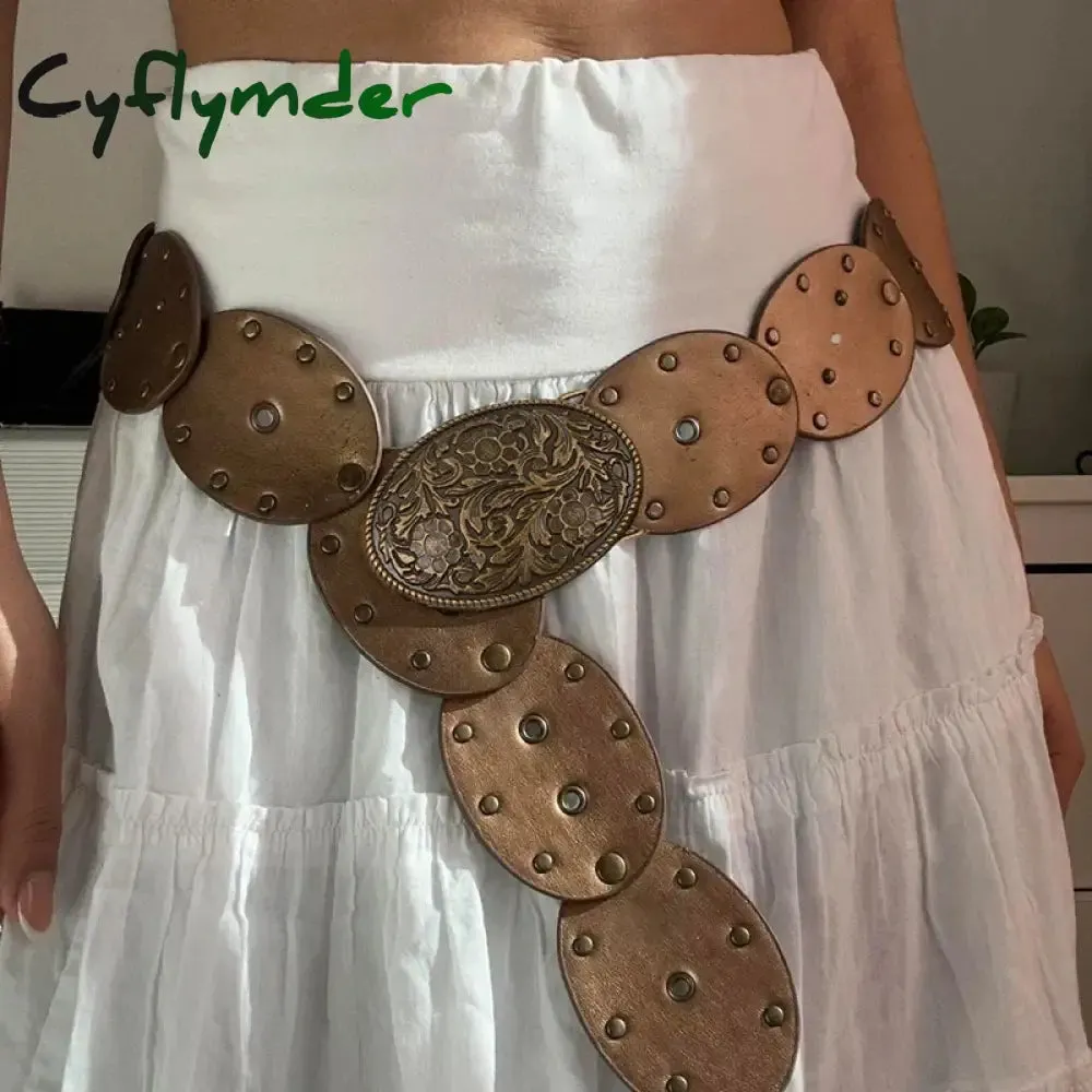 Cyflymder Cottage Vintage Heart Shape Belts Women PU Leather Adjustable Brown Sashes Y2K Grunge Rivet Hollow Out Accessaries
