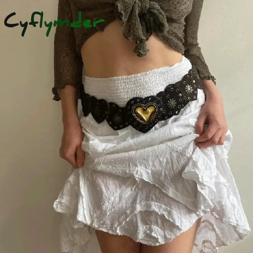 Cyflymder Cottage Vintage Heart Shape Belts Women PU Leather Adjustable Brown Sashes Y2K Grunge Rivet Hollow Out Accessaries