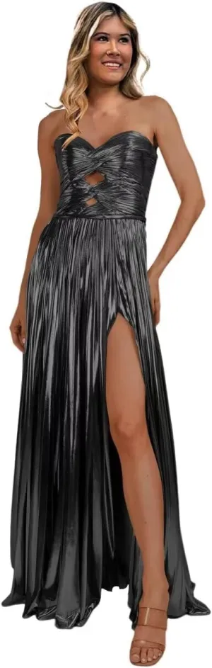 Dessiny Strapless Glitter Metallic Satin Prom Dresses for Women 2024 Long Pleated Formal Party Evening Gowns with Slit DE315