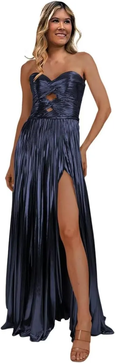 Dessiny Strapless Glitter Metallic Satin Prom Dresses for Women 2024 Long Pleated Formal Party Evening Gowns with Slit DE315