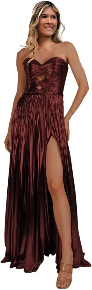 Dessiny Strapless Glitter Metallic Satin Prom Dresses for Women 2024 Long Pleated Formal Party Evening Gowns with Slit DE315