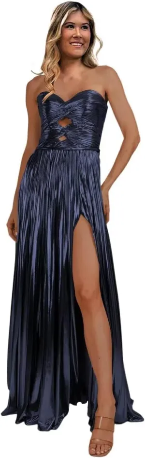 Dessiny Strapless Glitter Metallic Satin Prom Dresses for Women 2024 Long Pleated Formal Party Evening Gowns with Slit DE315