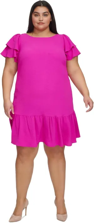 DKNY Womens Petites Woven Ruffled Shift Dress Pink 18W