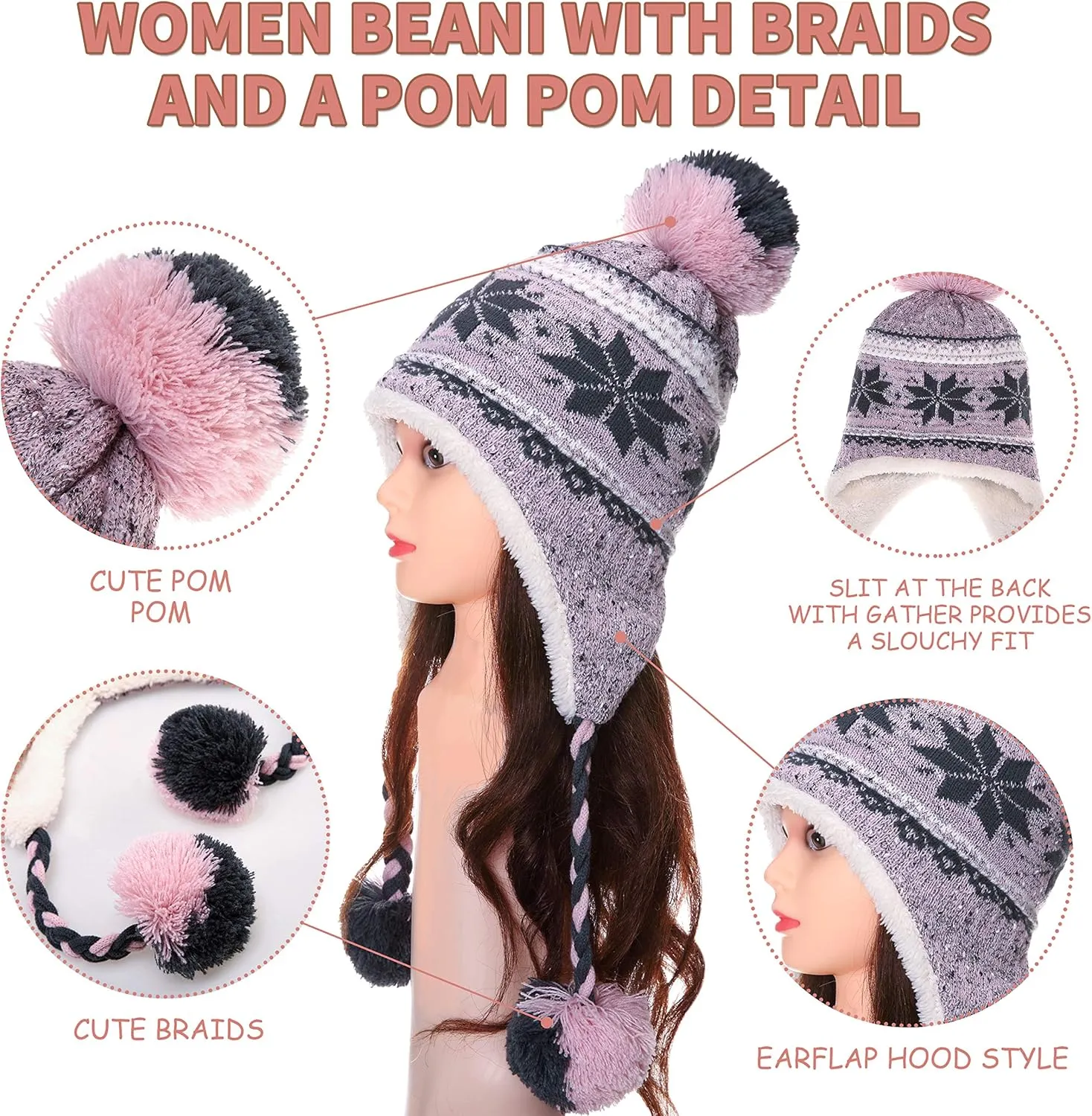 Dosoni Winter Hats for Women Knit Beanie Soft Warm Fleece Lined Long Ear Straps Snow Ski Cap with Pompom