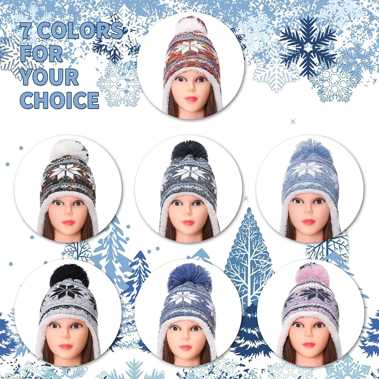 Dosoni Winter Hats for Women Knit Beanie Soft Warm Fleece Lined Long Ear Straps Snow Ski Cap with Pompom