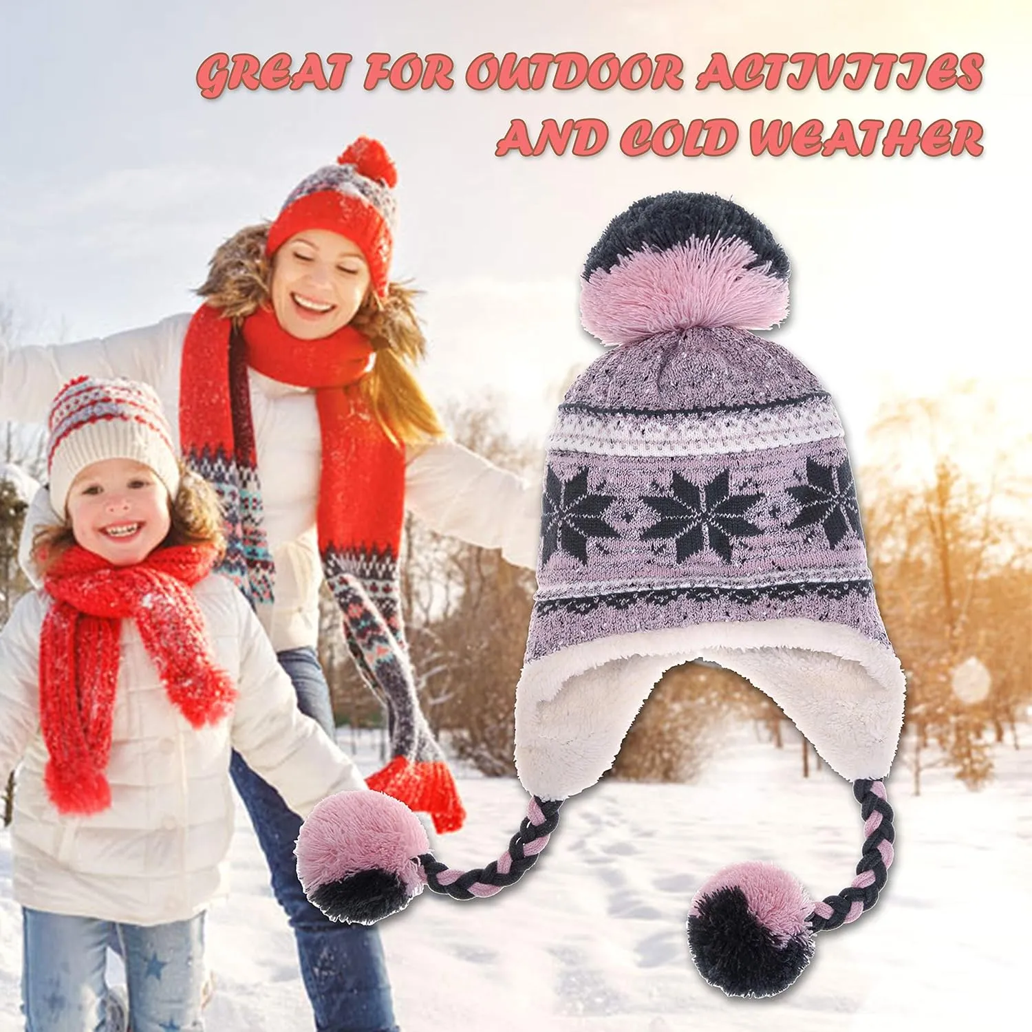 Dosoni Winter Hats for Women Knit Beanie Soft Warm Fleece Lined Long Ear Straps Snow Ski Cap with Pompom