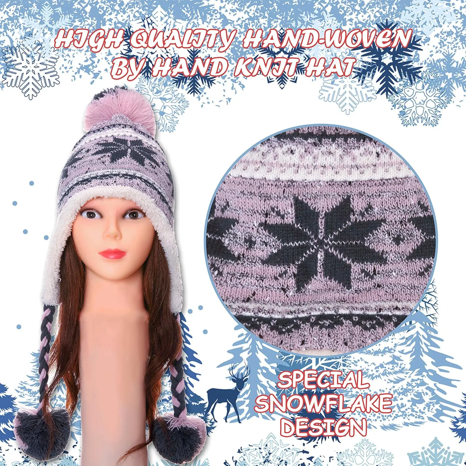 Dosoni Winter Hats for Women Knit Beanie Soft Warm Fleece Lined Long Ear Straps Snow Ski Cap with Pompom