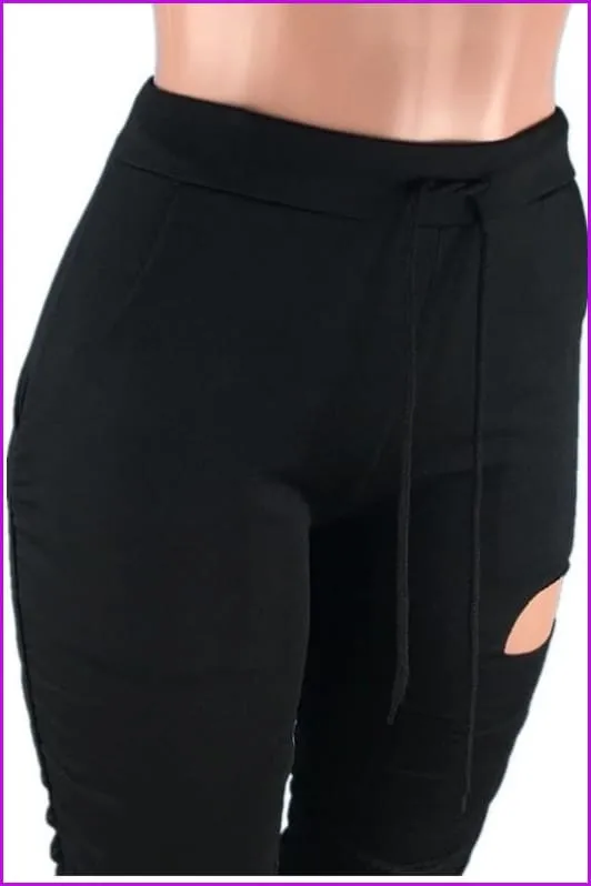 Drawstring Elastic Waist Solid Hole Skinny Stacked Stacked PantsDE904
