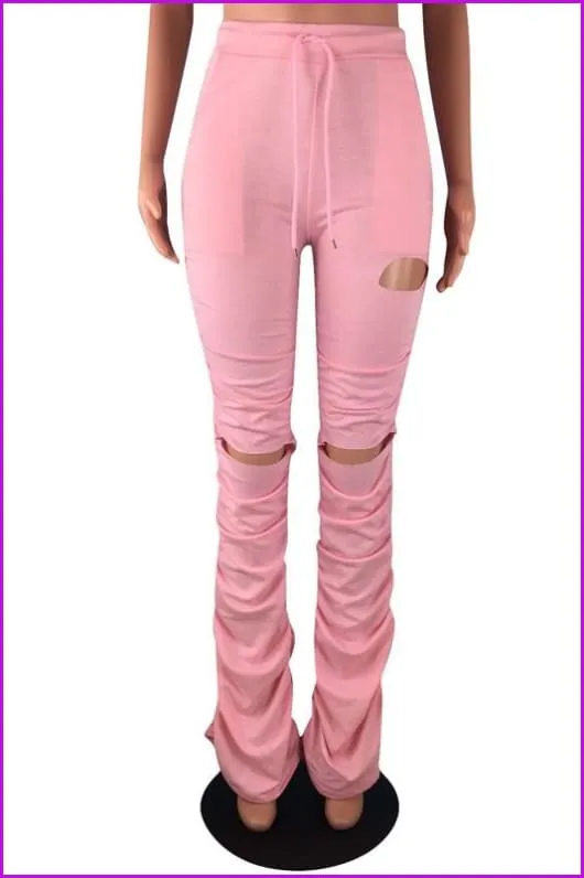 Drawstring Elastic Waist Solid Hole Skinny Stacked Stacked PantsDE904