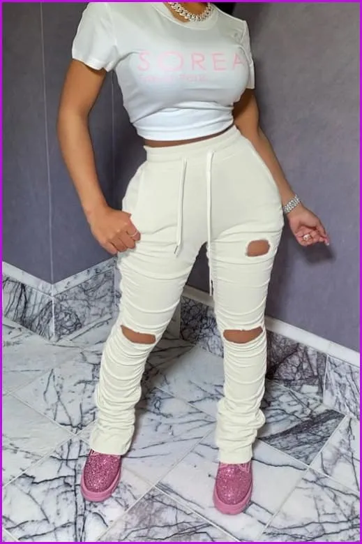 Drawstring Elastic Waist Solid Hole Skinny Stacked Stacked PantsDE904