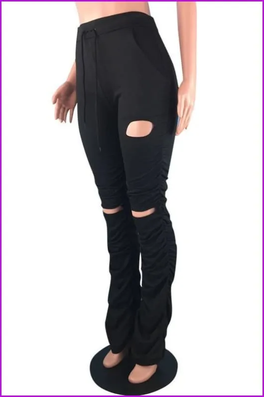 Drawstring Elastic Waist Solid Hole Skinny Stacked Stacked PantsDE904