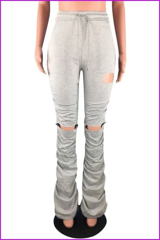 Drawstring Elastic Waist Solid Hole Skinny Stacked Stacked PantsDE904