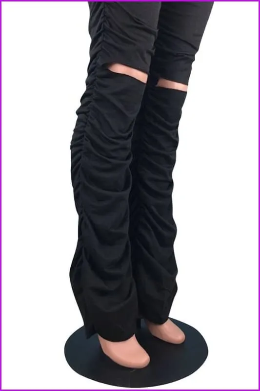 Drawstring Elastic Waist Solid Hole Skinny Stacked Stacked PantsDE904