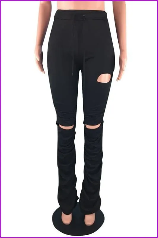 Drawstring Elastic Waist Solid Hole Skinny Stacked Stacked PantsDE904