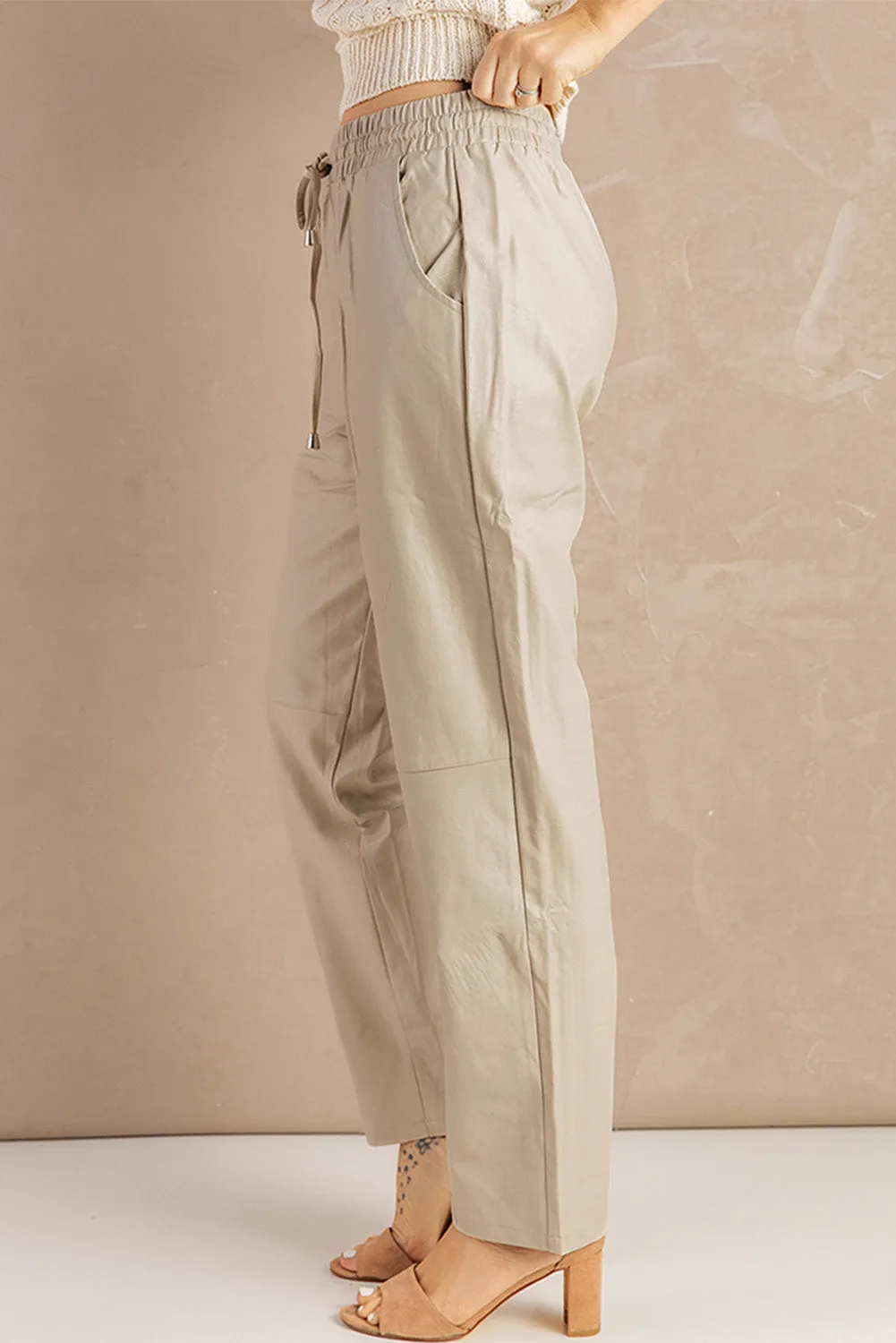 Drawstring Waist Straight PU Pants with Pockets