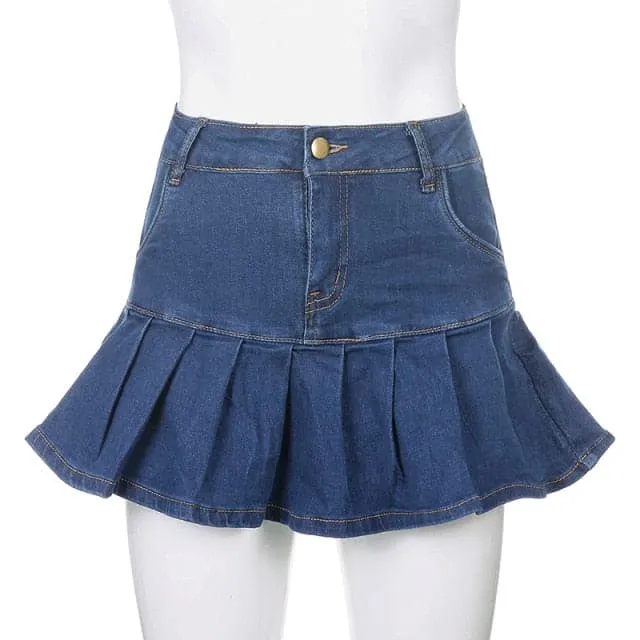 DressBetty - Harajuku High Waist Women Jeans Skirts Pleated Y2K Skinny Blue Denim Mini Skirt Summer Pop Ruffles Streetwear Bottom Korean