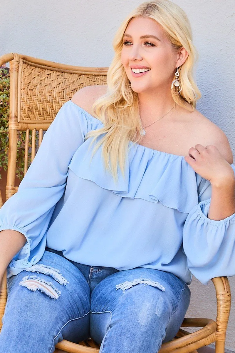 Dusty Blue Off Shoulder Ruffle Bubble Sleeve Women's Top