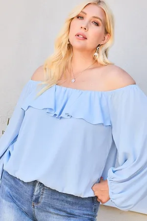 Dusty Blue Off Shoulder Ruffle Bubble Sleeve Women's Top