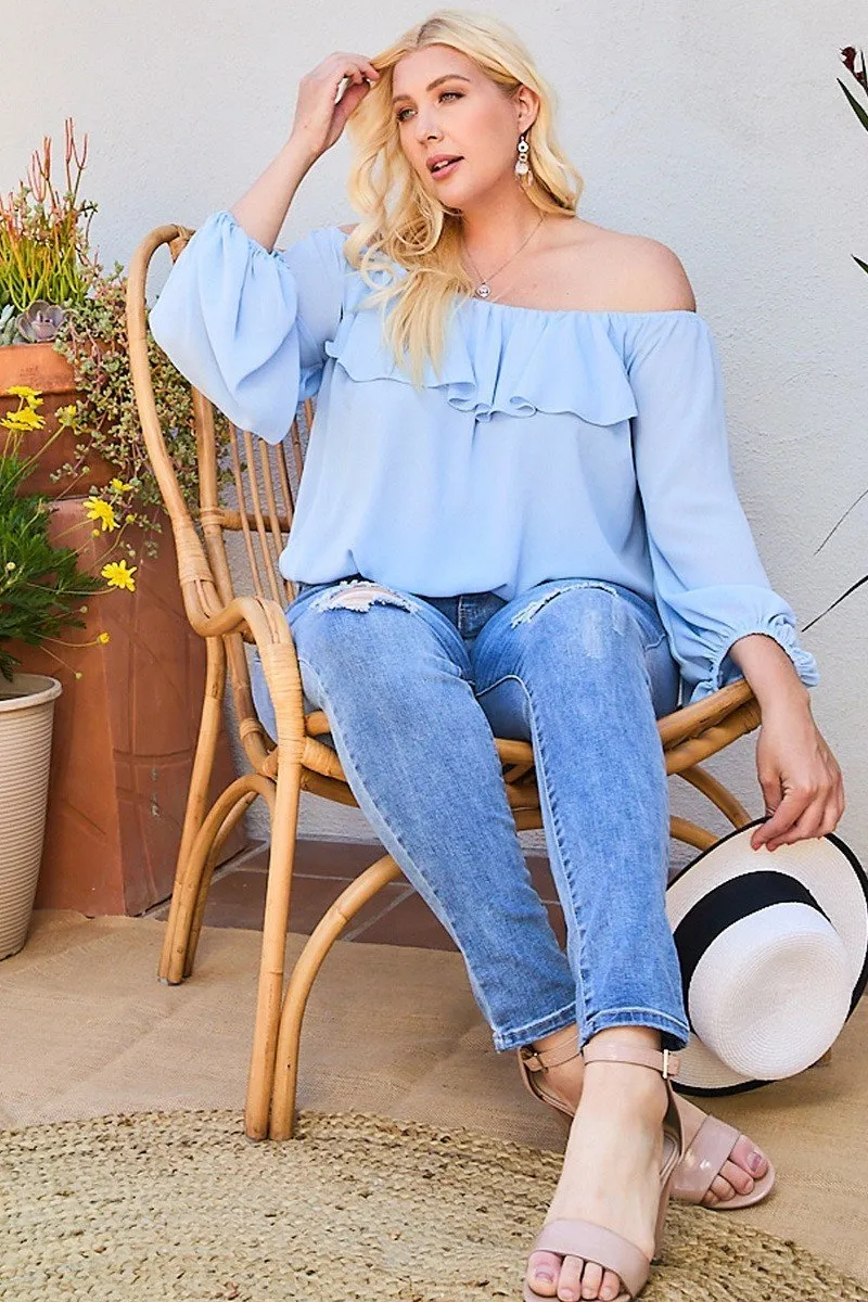 Dusty Blue Off Shoulder Ruffle Bubble Sleeve Women's Top