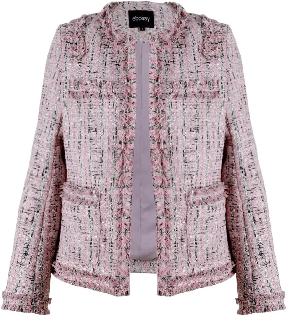 ebossy Women's Elegant Open Front Round Neck Fringed Plaid Tweed Jacket