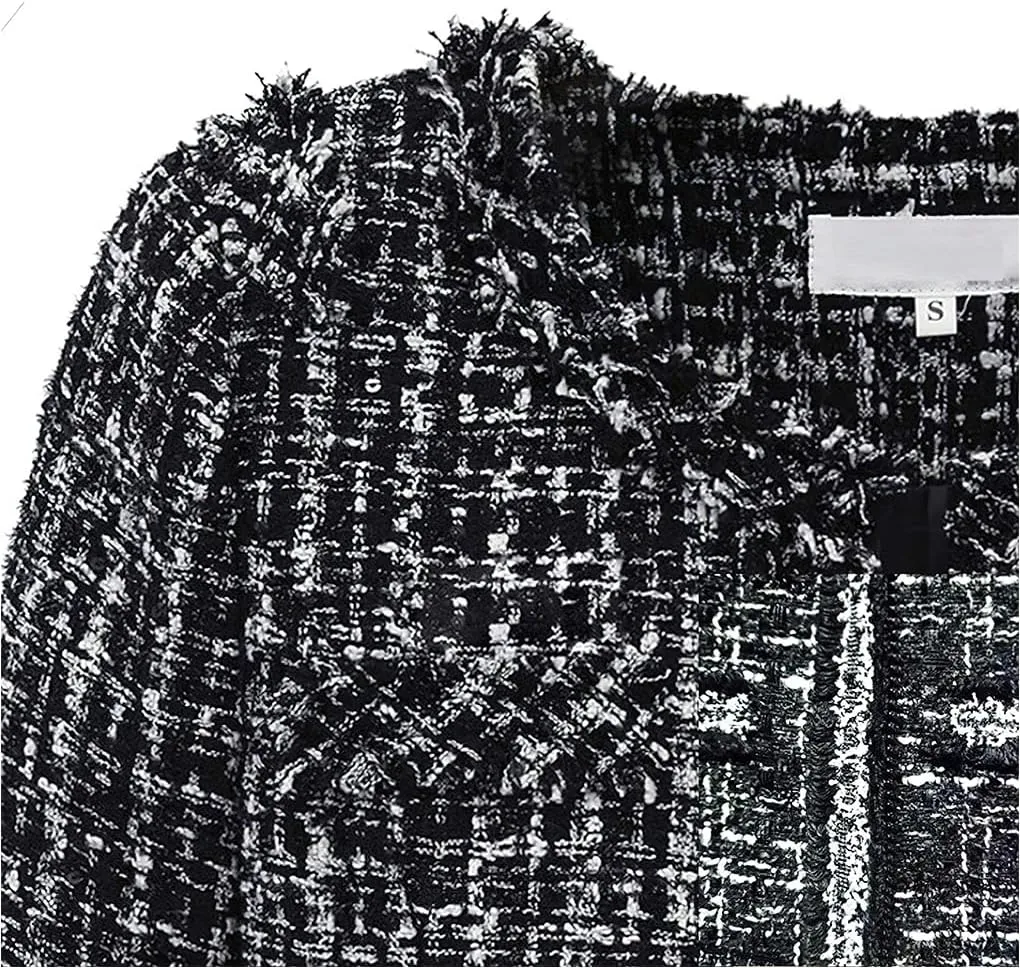 ebossy Women's Elegant Open Front Round Neck Fringed Plaid Tweed Jacket