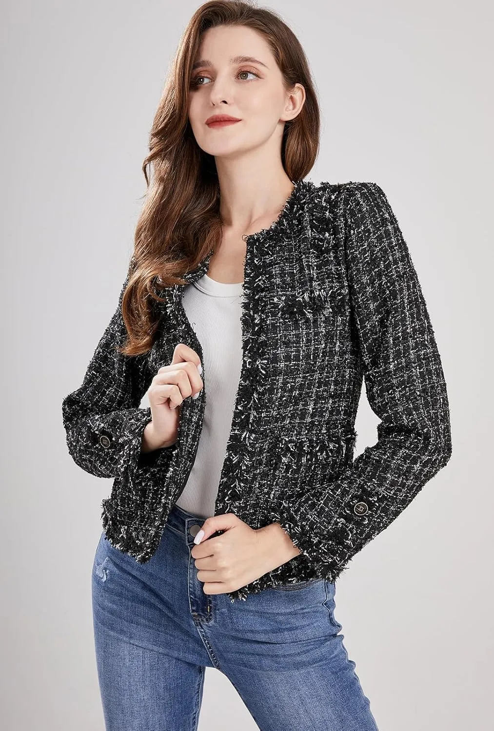 ebossy Women's Elegant Open Front Round Neck Fringed Plaid Tweed Jacket