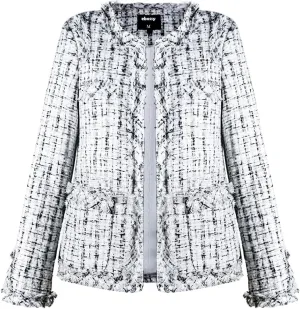 ebossy Women's Elegant Open Front Round Neck Fringed Plaid Tweed Jacket
