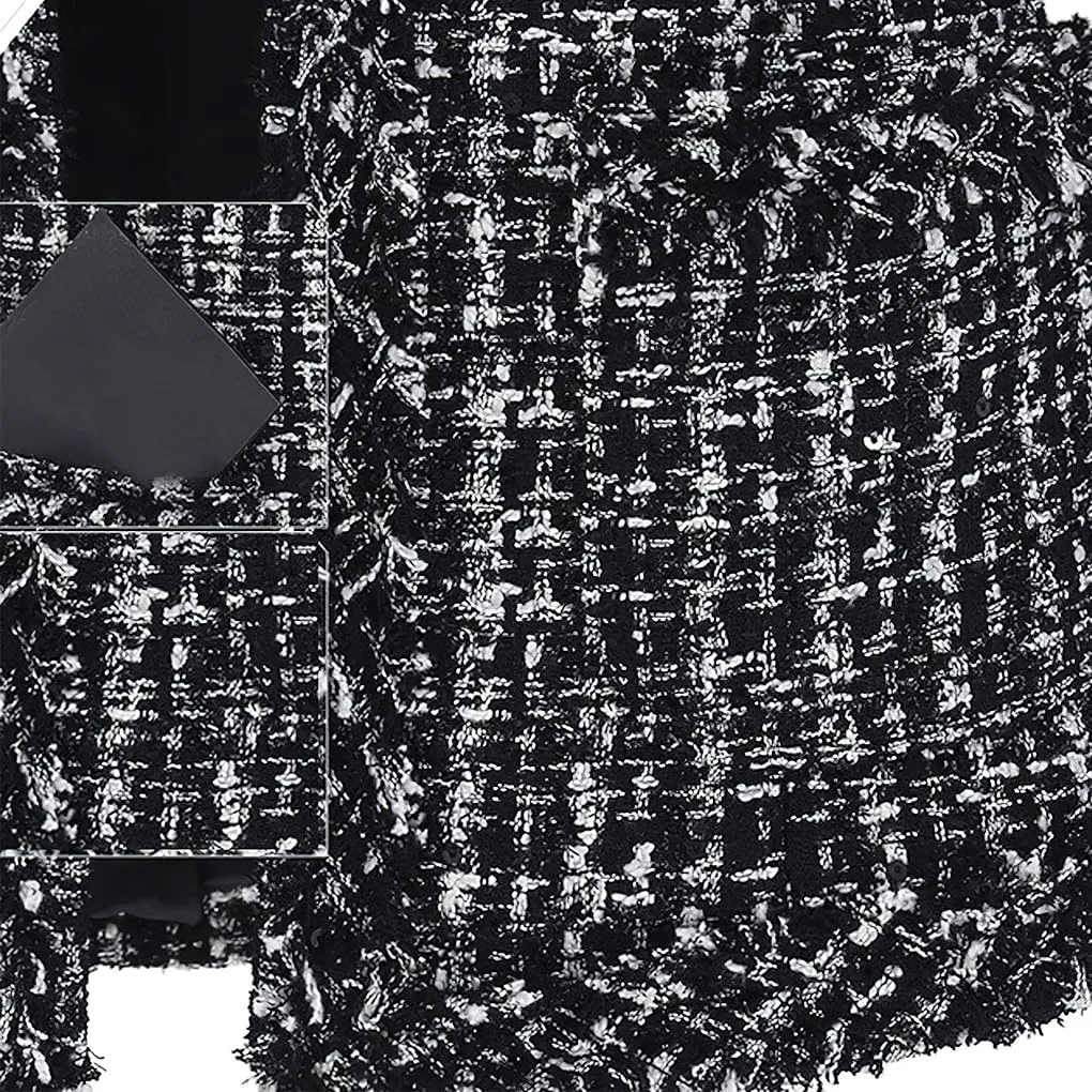 ebossy Women's Elegant Open Front Round Neck Fringed Plaid Tweed Jacket
