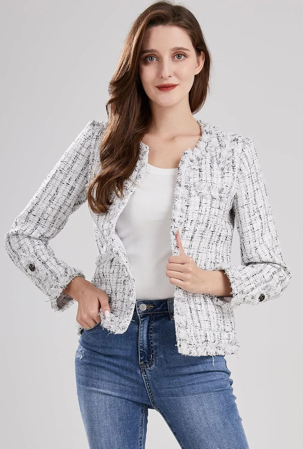 ebossy Women's Elegant Open Front Round Neck Fringed Plaid Tweed Jacket