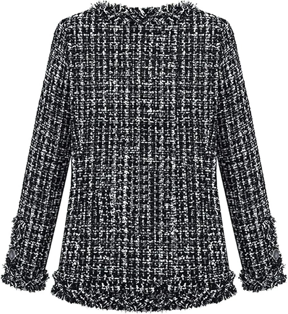 ebossy Women's Elegant Open Front Round Neck Fringed Plaid Tweed Jacket