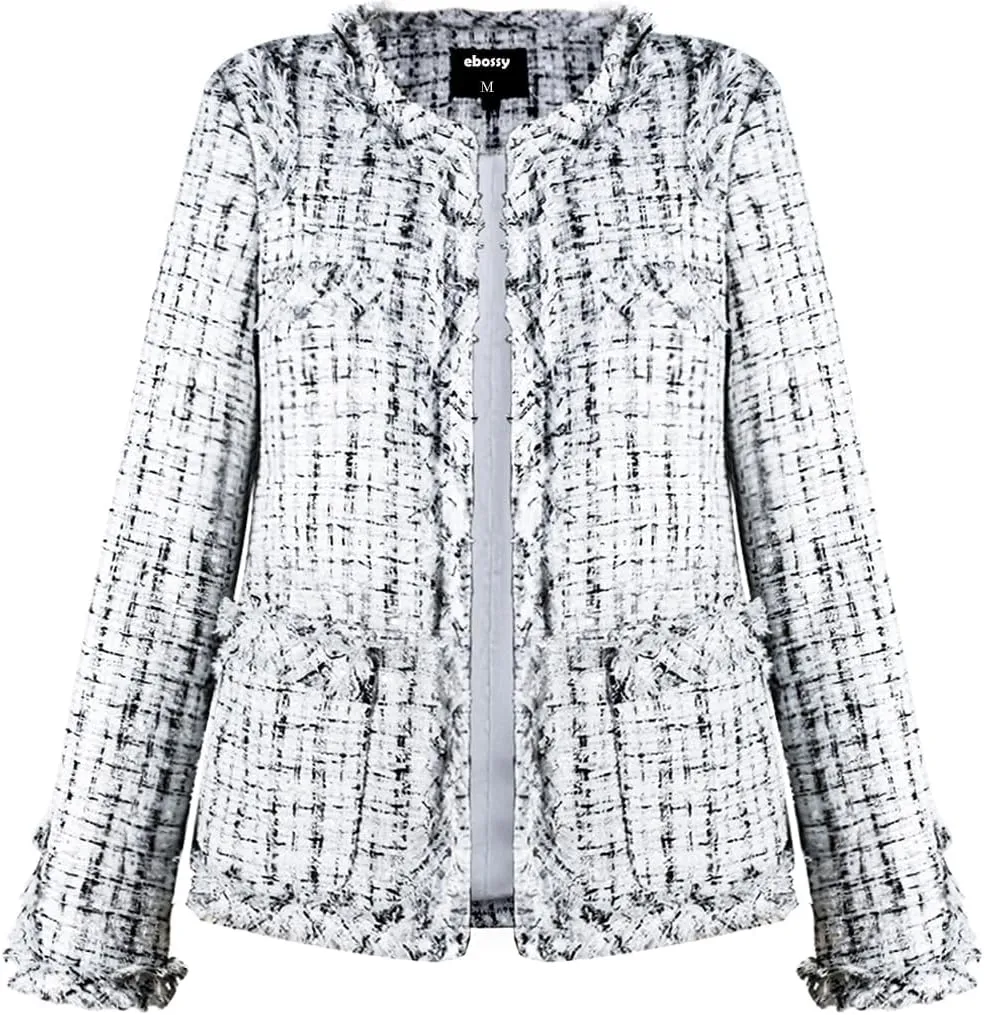 ebossy Women's Elegant Open Front Round Neck Fringed Plaid Tweed Jacket