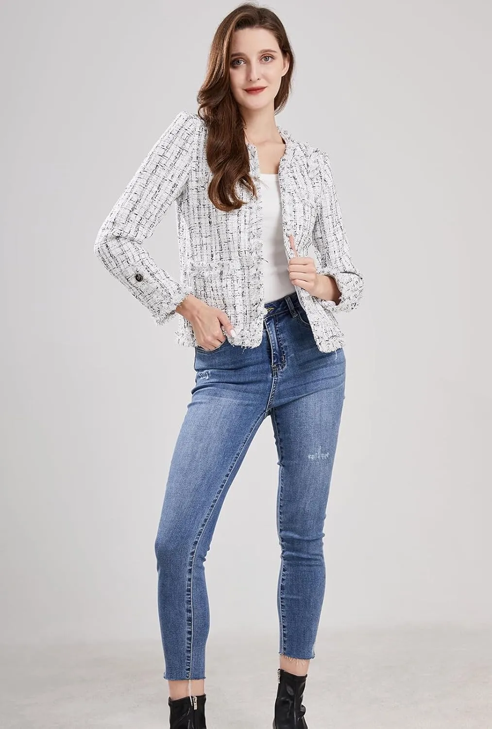 ebossy Women's Elegant Open Front Round Neck Fringed Plaid Tweed Jacket