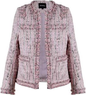 ebossy Women's Elegant Open Front Round Neck Fringed Plaid Tweed Jacket