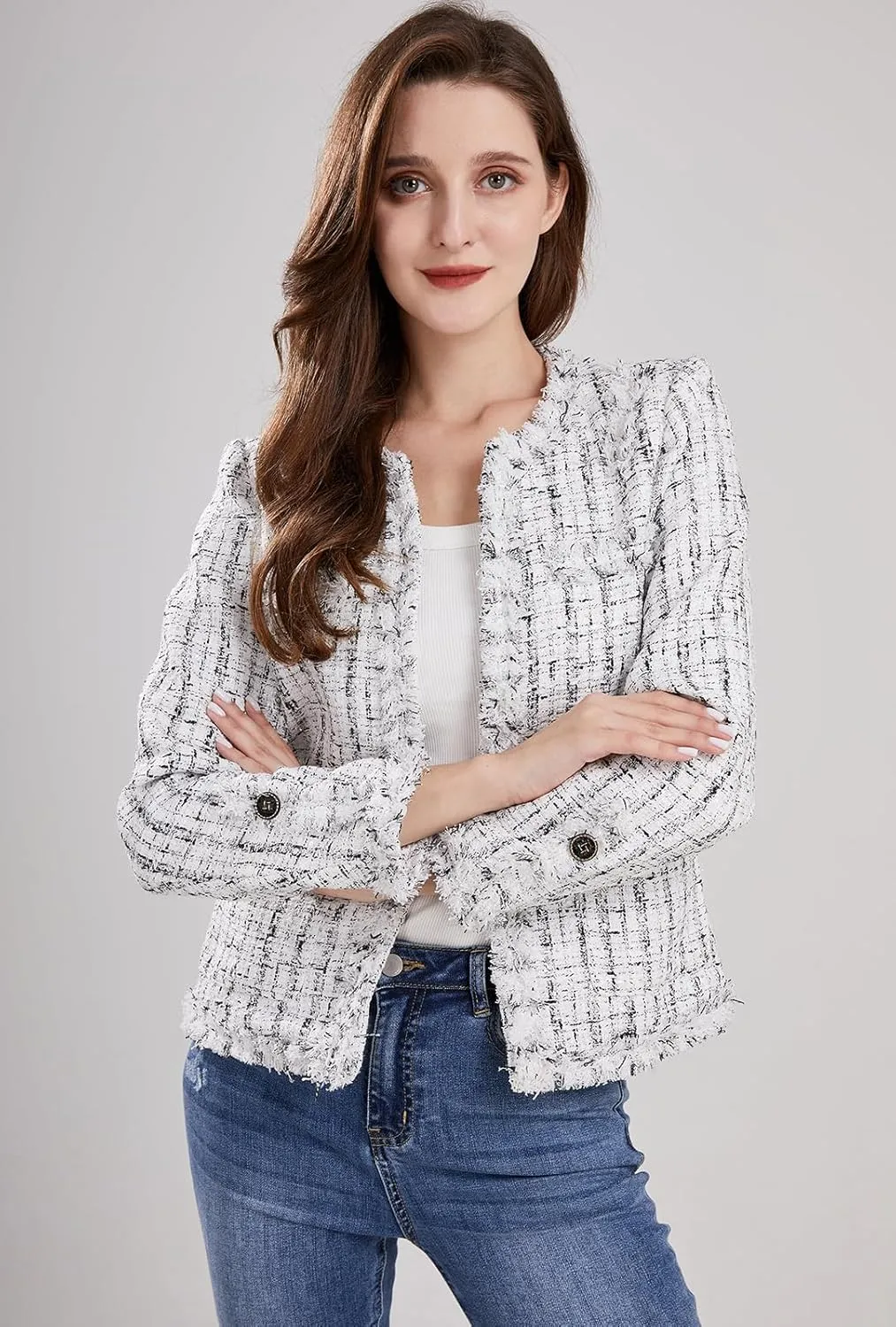 ebossy Women's Elegant Open Front Round Neck Fringed Plaid Tweed Jacket