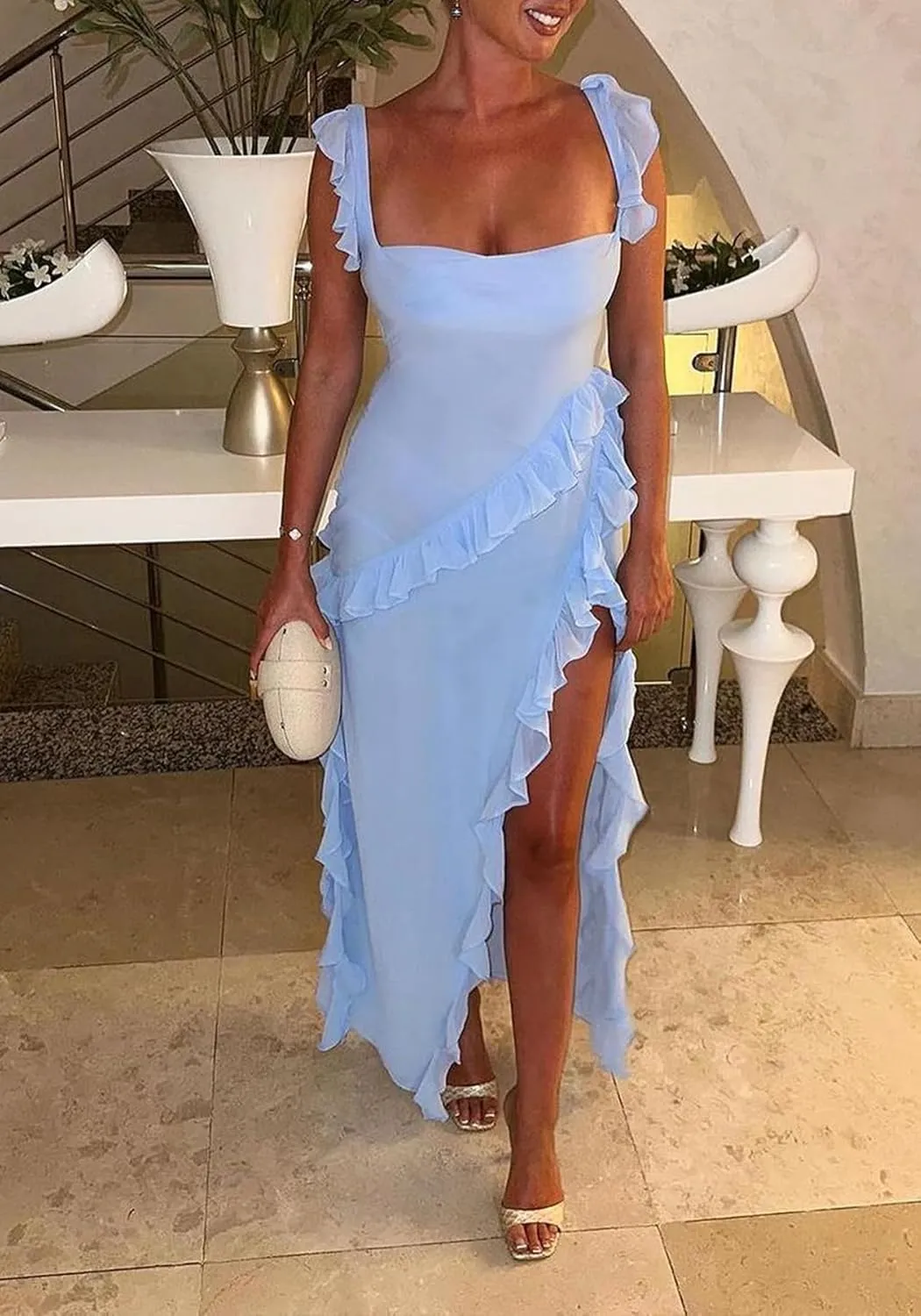 Ecirod Womens Spaghetti Strap High Slit Bodycon Maxi Dress Square Neck Backless Party Club Dresses