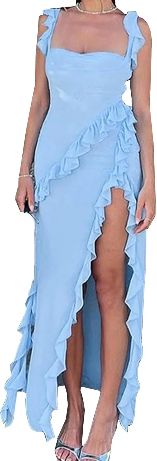 Ecirod Womens Spaghetti Strap High Slit Bodycon Maxi Dress Square Neck Backless Party Club Dresses