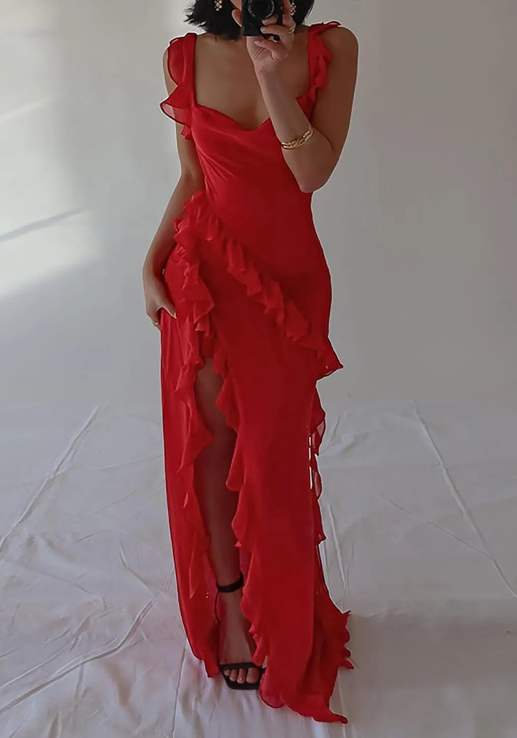 Ecirod Womens Spaghetti Strap High Slit Bodycon Maxi Dress Square Neck Backless Party Club Dresses