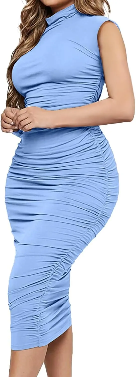 Ekaliy Women's Ruched Bodycon Midi Dress Sexy Mock Neck Sleeveless Pencil Dresses