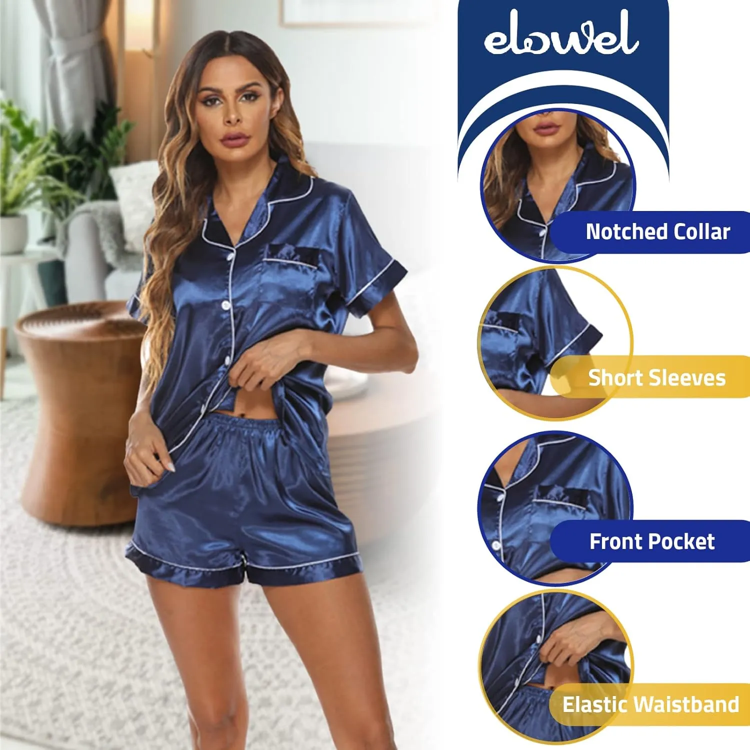 Elowel Silk Satin Pajama Set for Women - Button Down Sleepwear Pajamas for Girls, Short Sleeve Satin Pajamas Women Loungewear