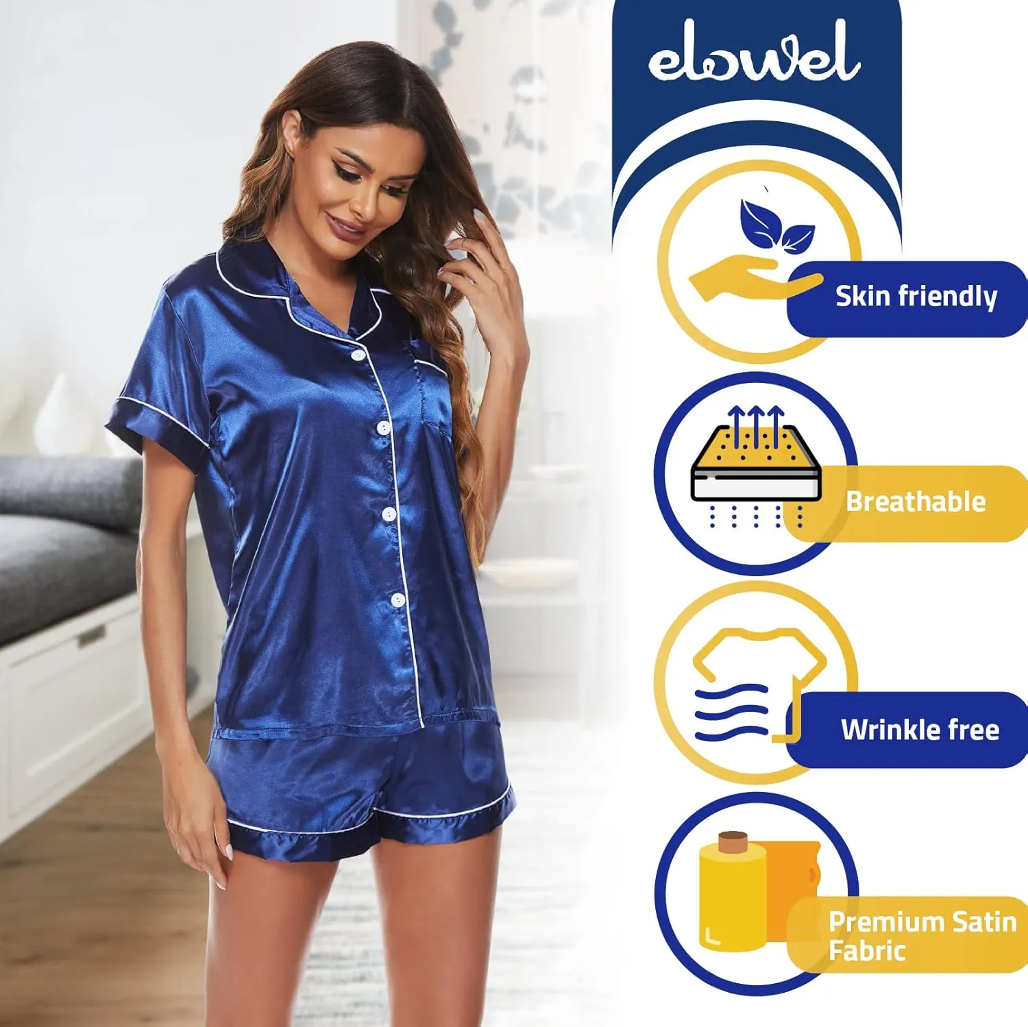Elowel Silk Satin Pajama Set for Women - Button Down Sleepwear Pajamas for Girls, Short Sleeve Satin Pajamas Women Loungewear