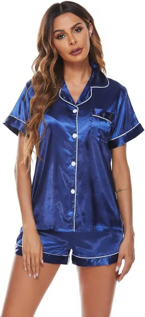Elowel Silk Satin Pajama Set for Women - Button Down Sleepwear Pajamas for Girls, Short Sleeve Satin Pajamas Women Loungewear