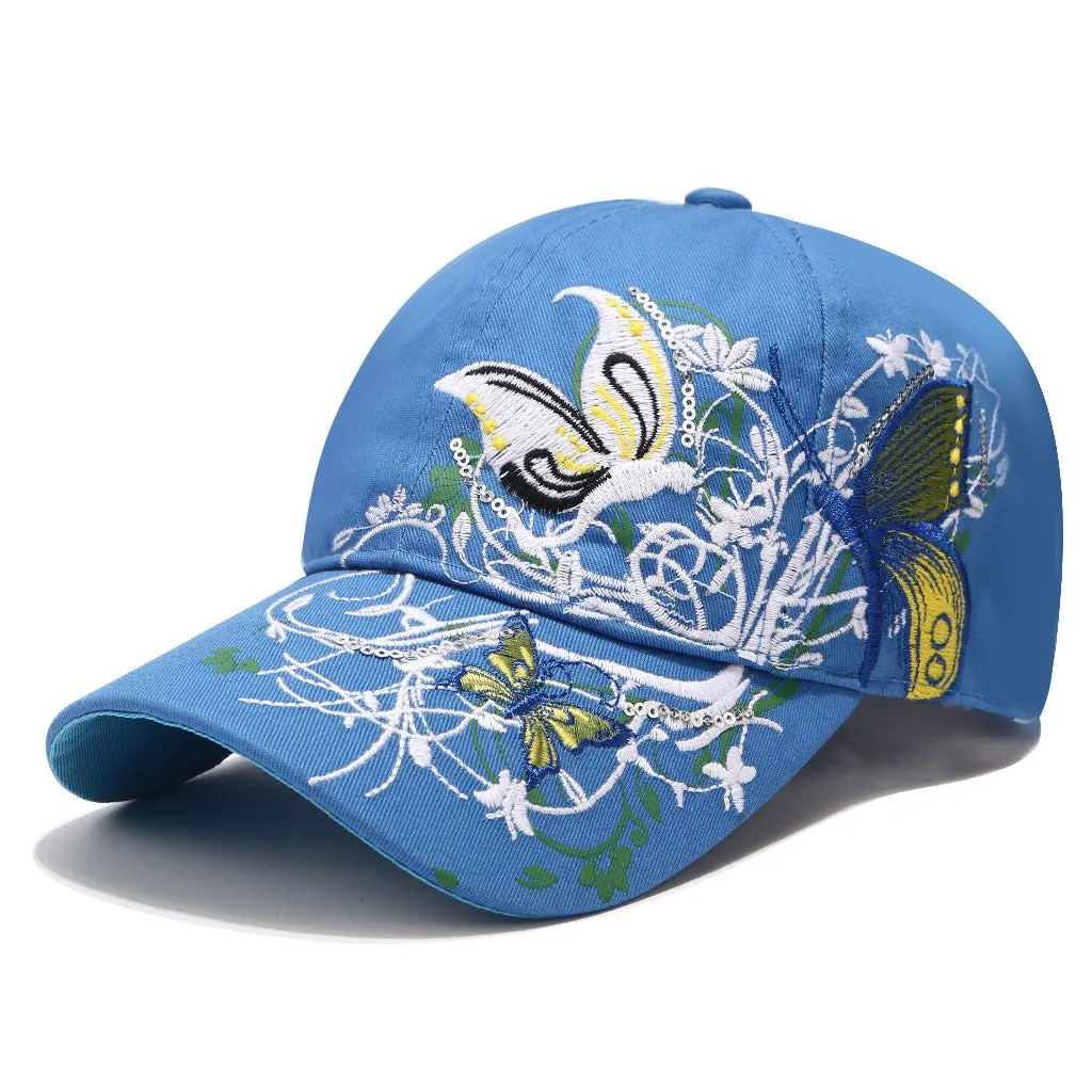 Embroidered Baseball Cap Butterly Flowers