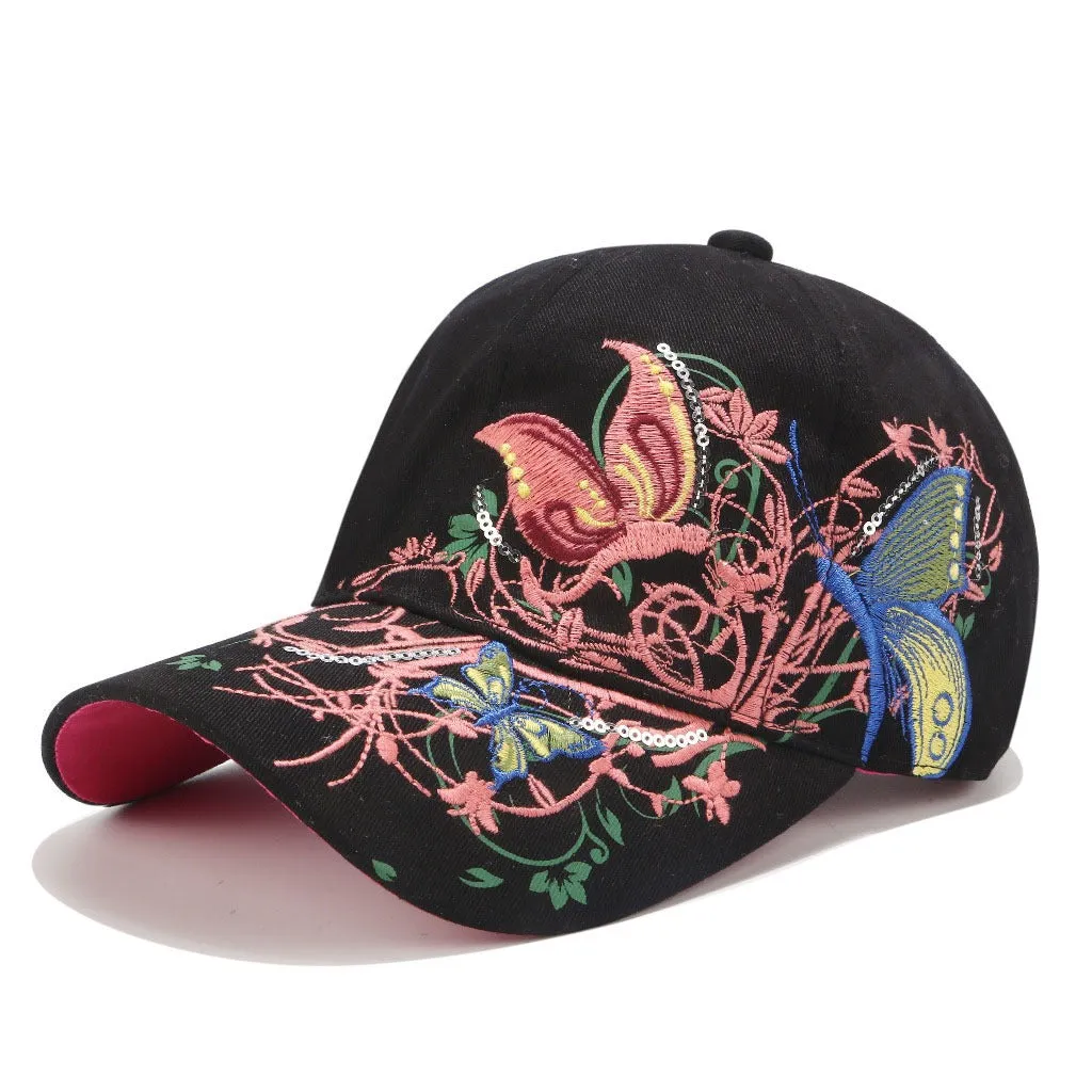 Embroidered Baseball Cap Butterly Flowers