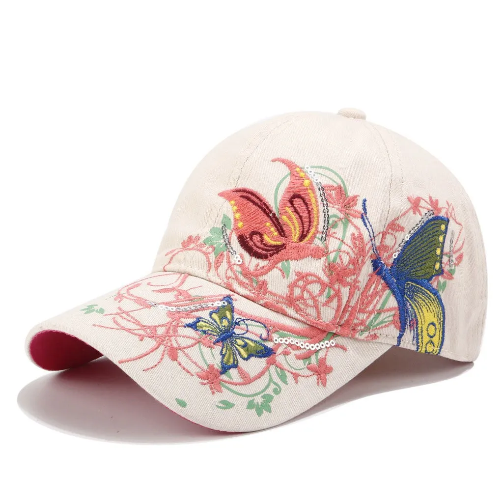 Embroidered Baseball Cap Butterly Flowers