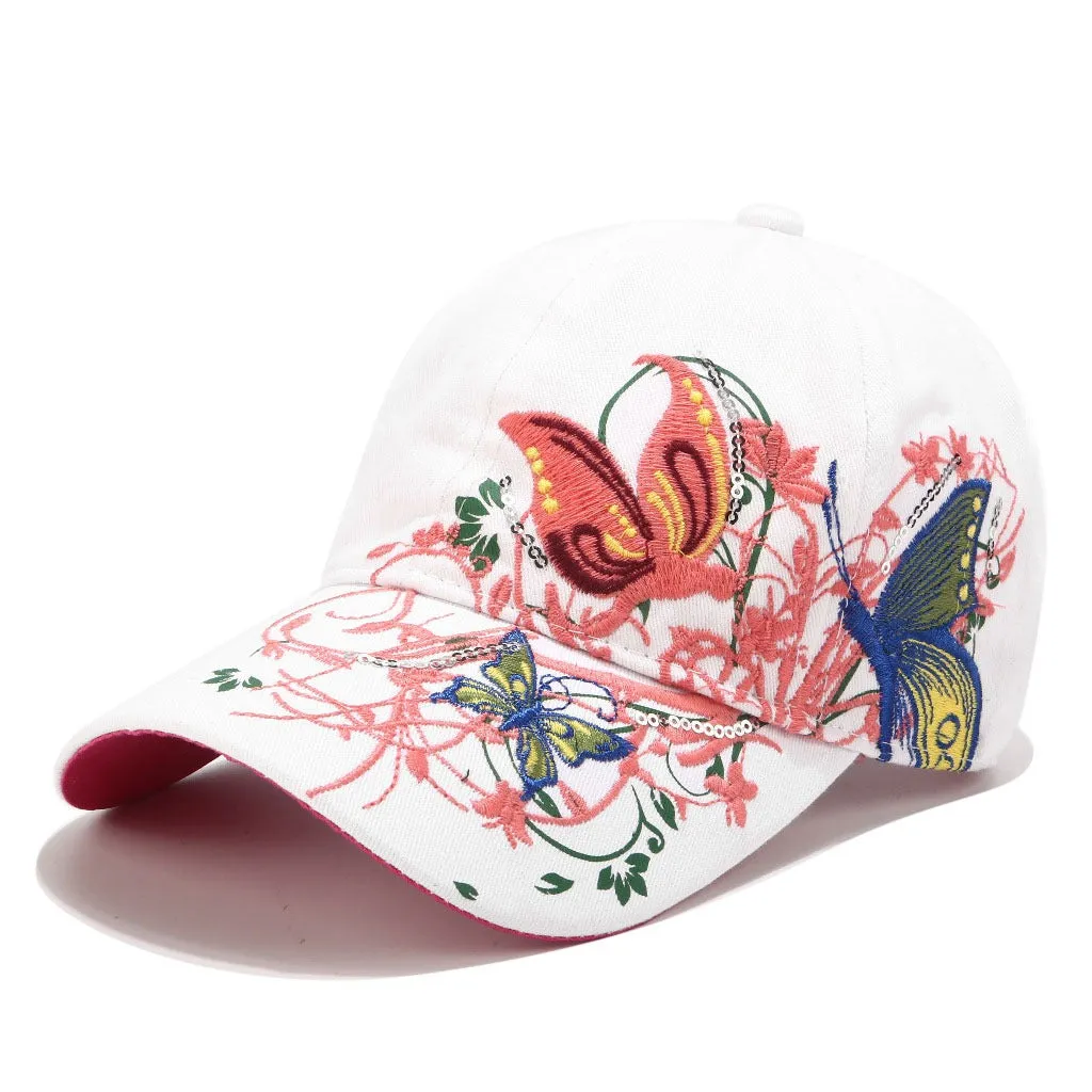 Embroidered Baseball Cap Butterly Flowers
