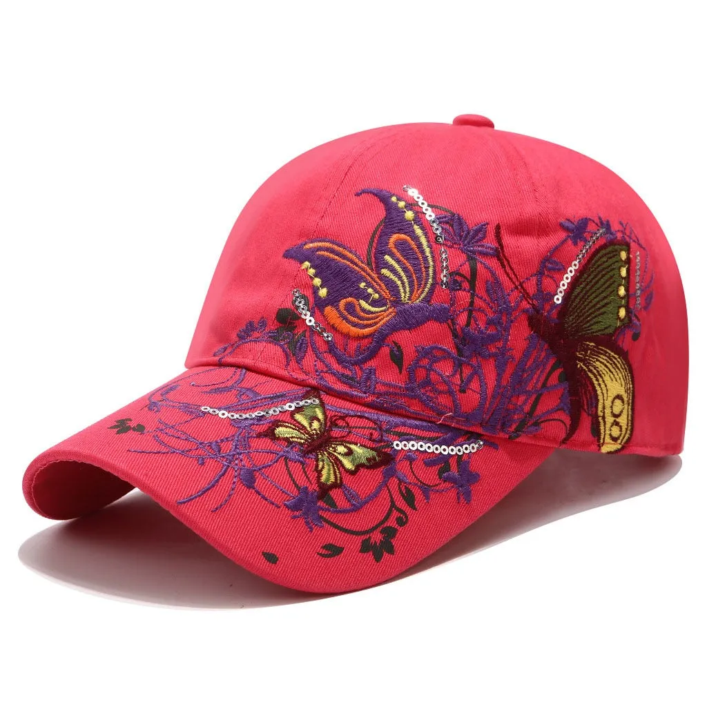 Embroidered Baseball Cap Butterly Flowers