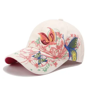 Embroidered Baseball Cap Butterly Flowers