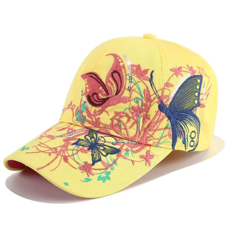 Embroidered Baseball Cap Butterly Flowers