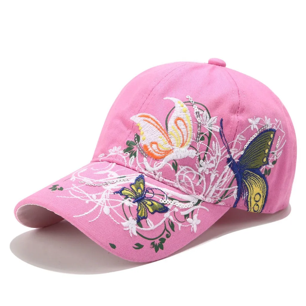 Embroidered Baseball Cap Butterly Flowers