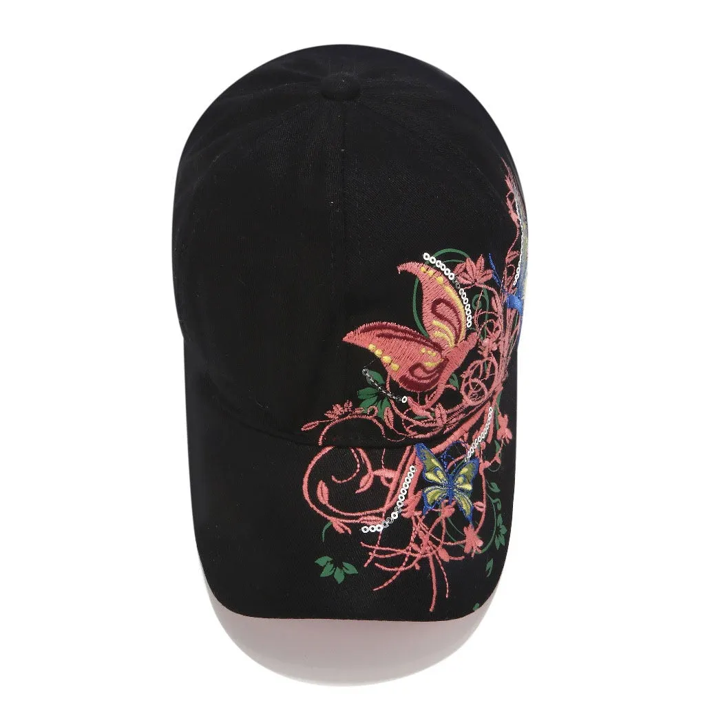Embroidered Baseball Cap Butterly Flowers